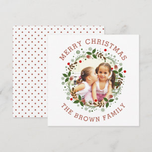 Terracotta Merry Christmas, floral wreath photo Holiday Card