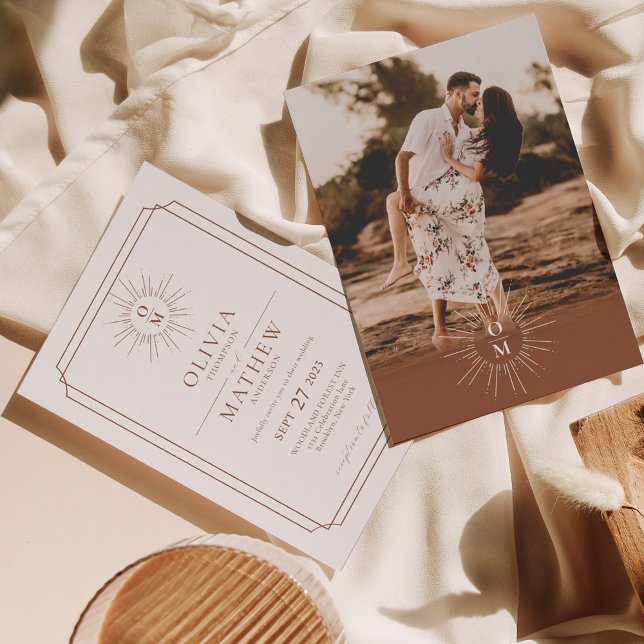 Terracotta Mid Century 70s Monogram Photo Wedding Invitation (Creator Uploaded)