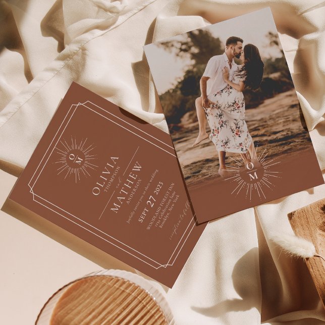 Terracotta Mid Century 70s Monogram Photo Wedding Invitation (Creator Uploaded)