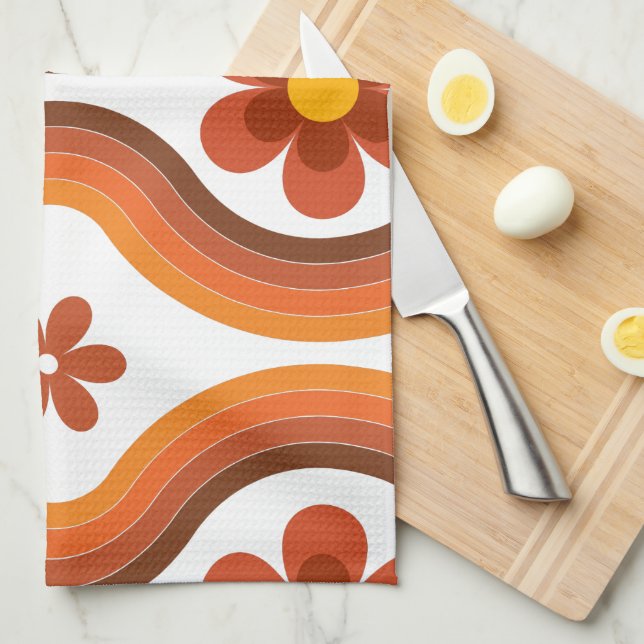Terracotta Mid Century Modern Floral Rainbow Retro Kitchen Towel (Quarter Fold)