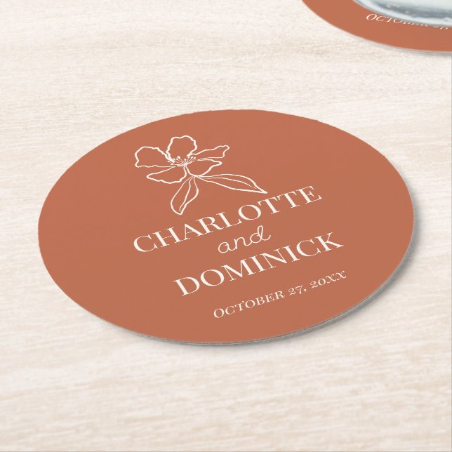Terracotta Minimal Floral Wedding Decor/Favours Round Paper Coaster (Angled)