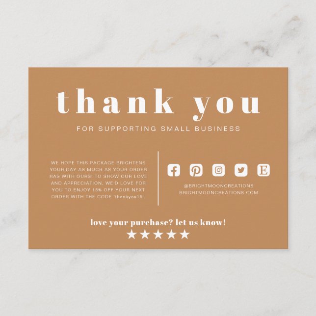 Terracotta Minimal Thank You Order Small Business Enclosure Card (Front)