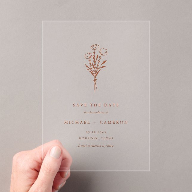 Terracotta Minimalist Botanical Save the Date Acrylic Invitations (Insitu (Handheld))