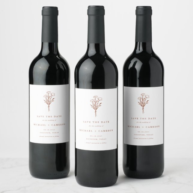 Terracotta Minimalist Botanical Save the Date Wine Label (Bottles)