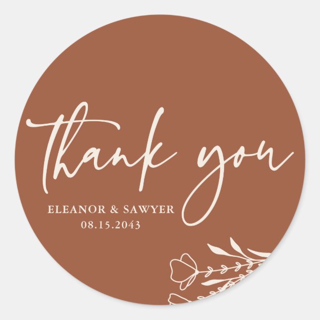 Terracotta Minimalist Bouquet Wedding Thank You Classic Round Sticker (Front)