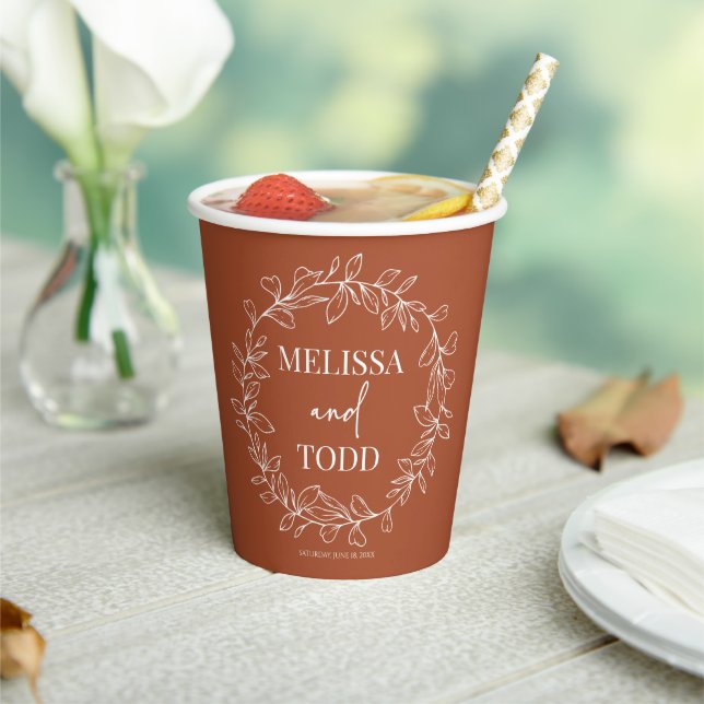Terracotta Minimalist Branch Leaf Wreath Wedding Paper Cups (Insitu)