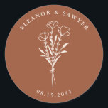 Terracotta Minimalist Floral Bouquet Wedding Classic Round Sticker<br><div class="desc">Send thanks with these customizable wedding stickers. It features a minimalist floral bouquet, handwritten script and simple typography. Personalize these minimalist stickers by adding names and date. These floral wedding stickers are perfect for weddings, bridal showers, engagement parties, and so much more. Tailor your botanical wedding stickers to match your...</div>