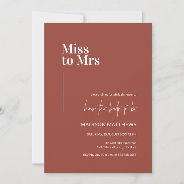 Terracotta Minimalist Miss to Mrs Bridal Shower  Invitation (Front)
