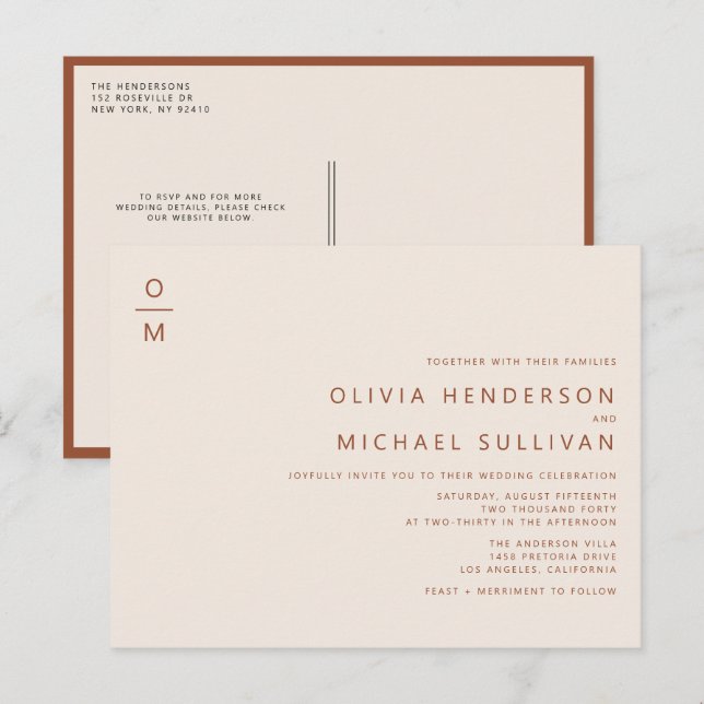 Terracotta Minimalist Monogram QR Code Wedding Invitation Postcard (Front/Back)