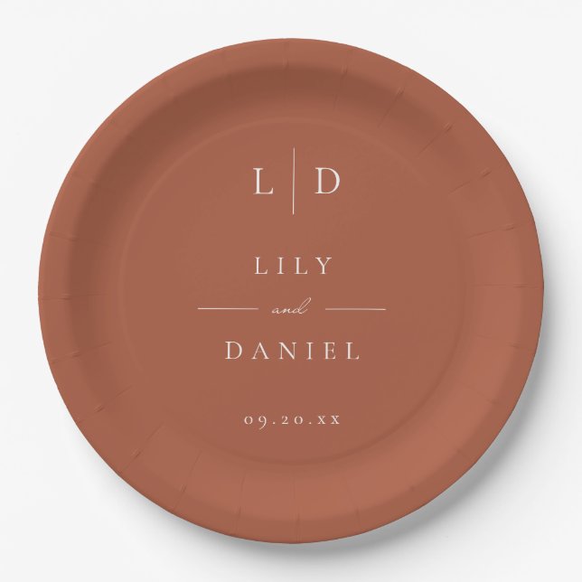 Terracotta Minimalist Monogram Wedding Paper Plate (Front)