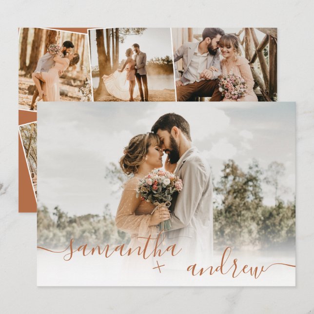 Terracotta minimalist script 5 photos wedding invitation (Front/Back)