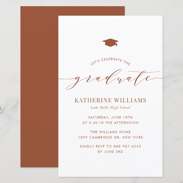 Terracotta Minimalist Script Graduation Invitation (Front/Back)