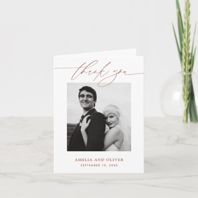 Terracotta Minimalist Script Photo Wedding Thank You Card (Front)