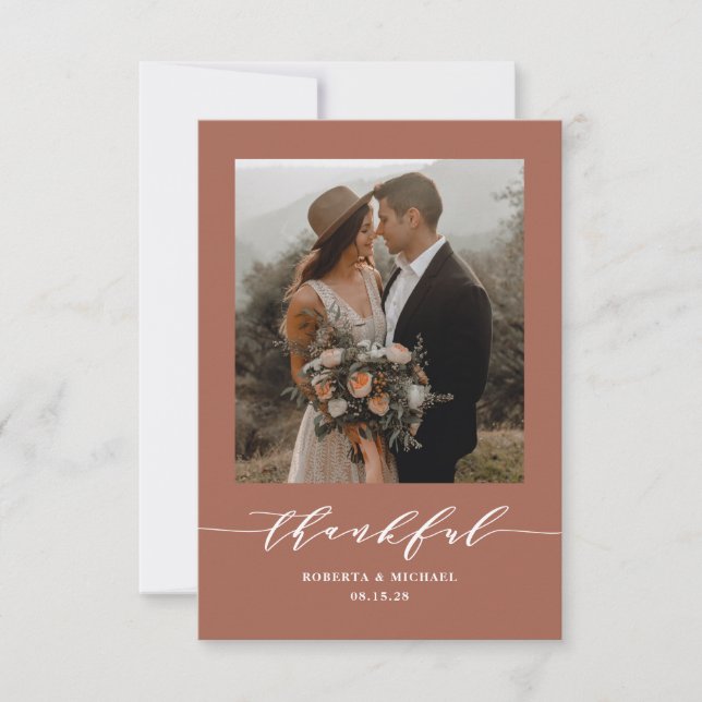 Terracotta Minimalist Thankful Script Wedding Thank You Card (Front)