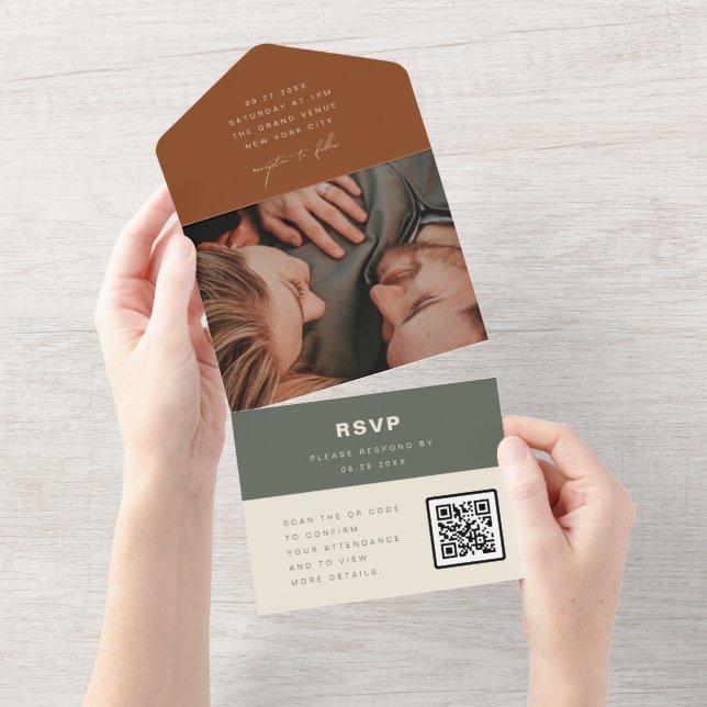 Terracotta Minimalist Wedding Photo QR Code RSVP All In One Invitation (Tearaway)