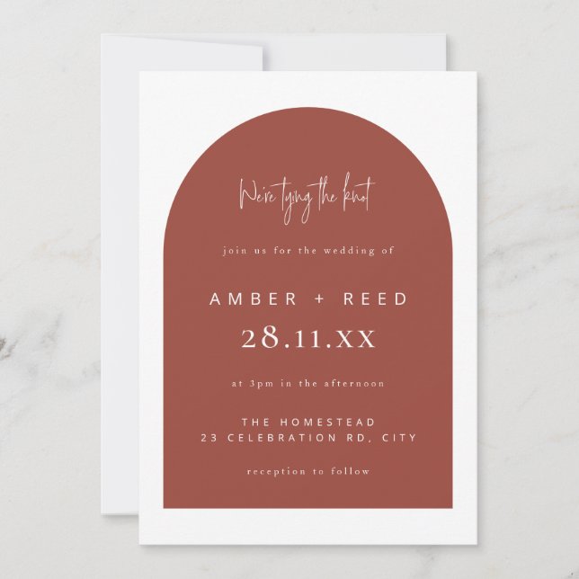  Terracotta Modern Arch Minimal Wedding Tying Knot Invitation (Front)