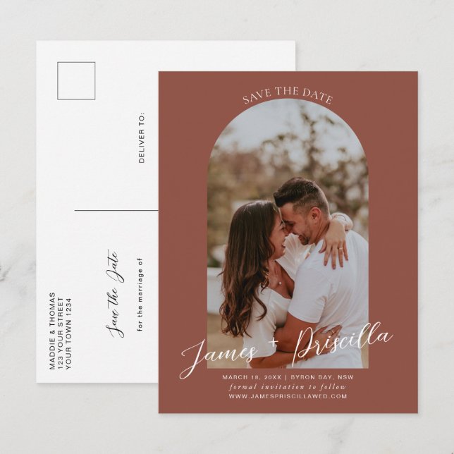 Terracotta modern arch photo wedding invitation postcard (Front/Back)