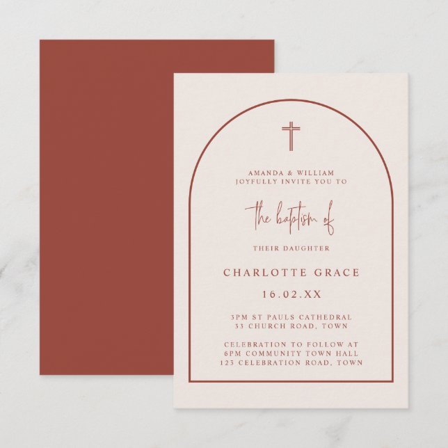 Terracotta Modern Arch Script Minimalist Baptism I Invitation (Front/Back)