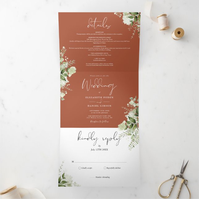 Terracotta Modern Botanical Greenery Photo Wedding Tri-Fold Invitation (Inside)