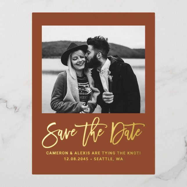 Terracotta Modern Calligraphy Photo Save the Date Foil Invitation Postcard (Front)