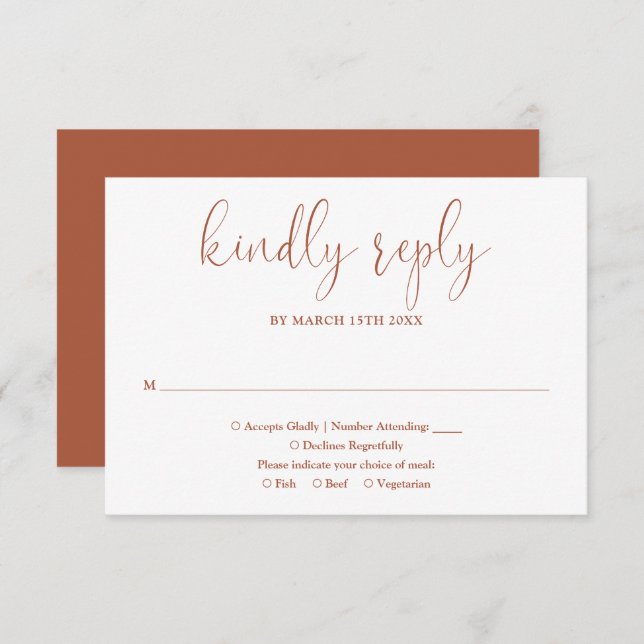 Terracotta Modern Chic Elegant Script Wedding RSVP Card (Front/Back)