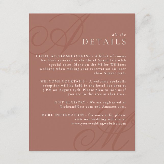 Terracotta Modern Edge Elegant Monogram Details Enclosure Card (Front)