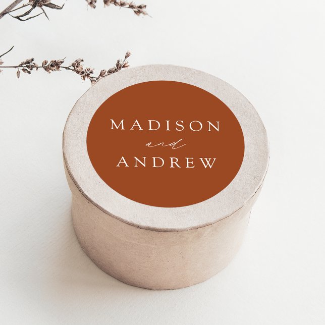 Terracotta Modern Elegance Personalized Wedding Classic Round Sticker (Creator Uploaded)