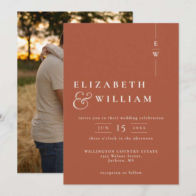 Terracotta Modern Elegant Monogram Photo Wedding Invitation (Front/Back)
