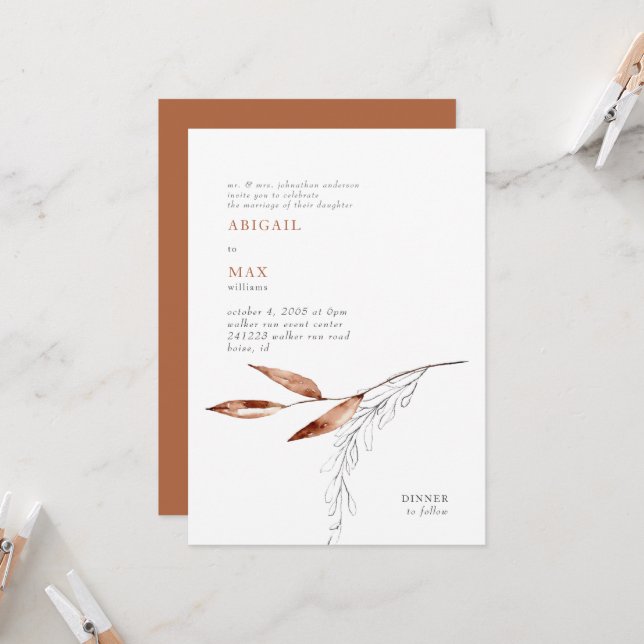 Terracotta Modern Foliage Wedding Invitation (Front/Back In Situ)