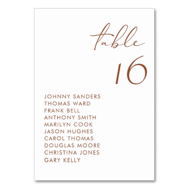 Terracotta Modern Handwritten Script Wedding Table Number (Front)