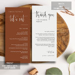Terracotta Modern Minimal Thank You Placecard Menu<br><div class="desc">Check out this All-in-One Modern Minimalist Menu Table Escort Place Card with Thank You for your wedding or party event! This menu card features an elegant calligraphy script of "let's eat" on the front with a clean and simple block sans serif typography font on a terracotta background and elegant script...</div>