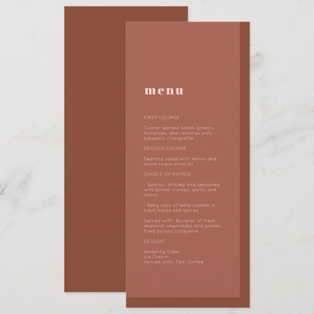 Terracotta Modern Minimalist Typography Wedding Menu (Front/Back)