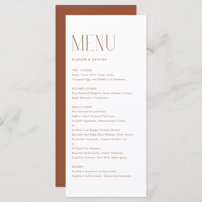 Terracotta Modern Minimalist Typography Wedding Menu (Front/Back)