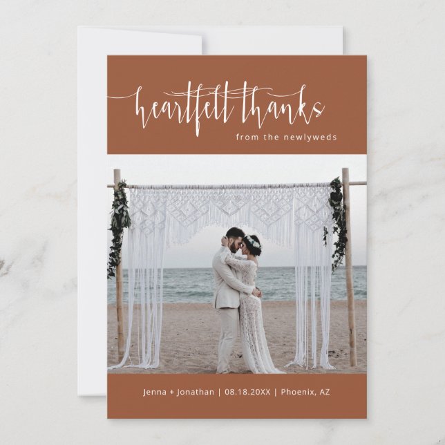 Terracotta Modern Minimalist Wedding Photo Flat Thank You Card (Front)