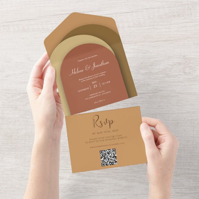 Terracotta Modern QR Code Minimalist Wedding All In One Invitation (Tearaway)