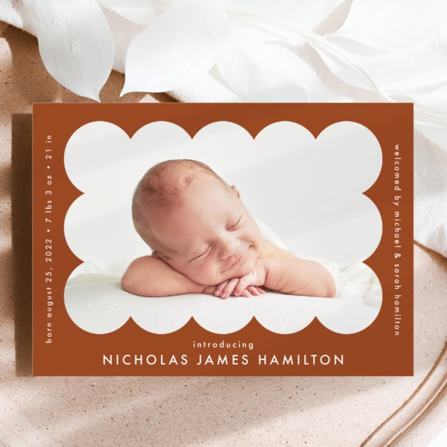 Terracotta Modern Scalloped Photo Frame Birth Announcement (Creator Uploaded)