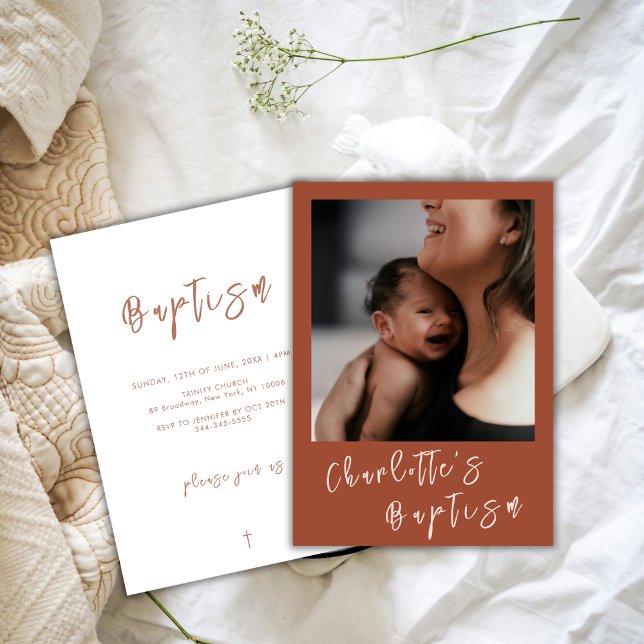 Terracotta Modern Script Baby Photo Baptism Invitation (Terracotta Modern Script Baby Photo Baptism Invitation)