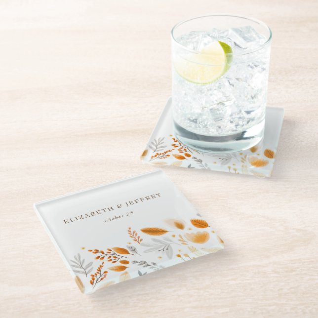  Terracotta Modern Script Elegant Fall Wedding Glass Coaster (Angled)