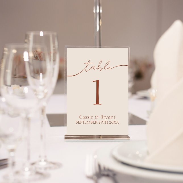 Terracotta Modern Script Mariage Numéro de table (Elegant Terracotta Wedding Table Number Cards in Floating Frame)