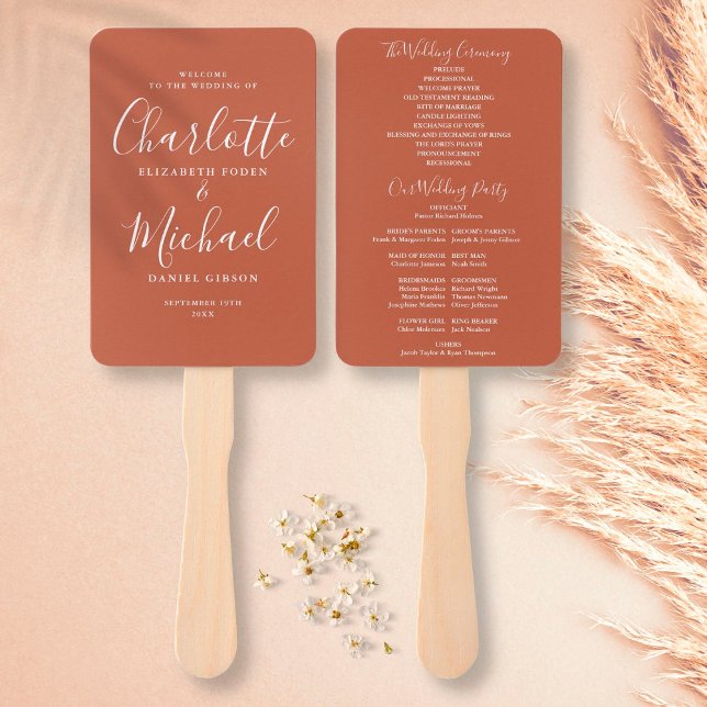 Terracotta Modern Script Wedding Program Hand Fan (Creator Uploaded)