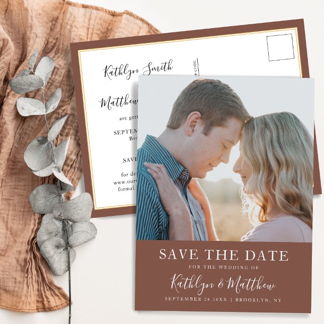 Terracotta Modern Typography Simple Photo Wedding  Announcement Postcard (Creator Uploaded)