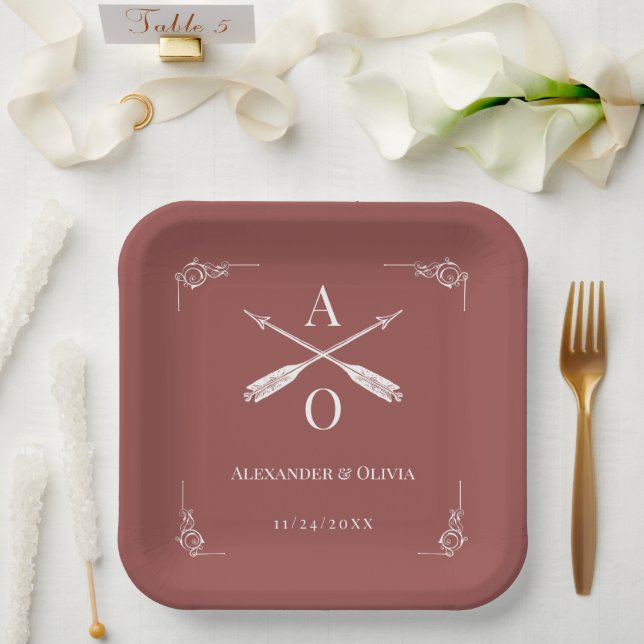 Terracotta Monogram and Arrows Wedding Paper Plate (Wedding)