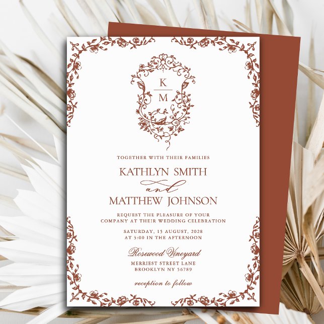 Terracotta Monogram Floral Vintage Crest Wedding Invitation (Creator Uploaded)