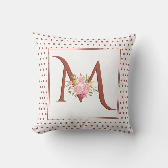 Terracotta monogram, roses and polka dots  throw pillow (Front)