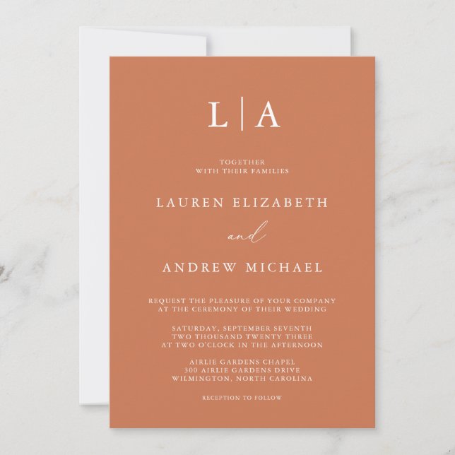 Terracotta Monogram Simple Minimalist Weddin Invitation (Front)