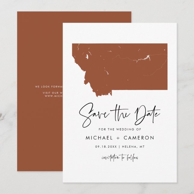 Terracotta Montana Map Minimalist Script Wedding Save The Date (Front/Back)