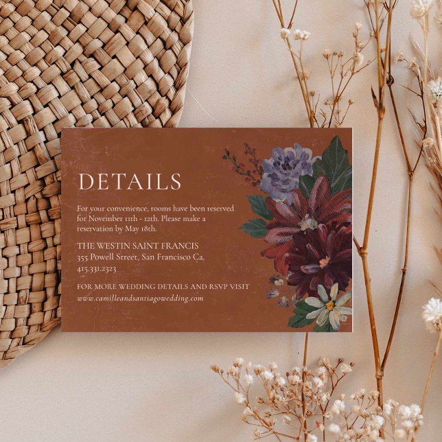 Terracotta Moody Floral Mariage Détails Carte (Terracotta Moody Floral Fall Details Wedding Card)