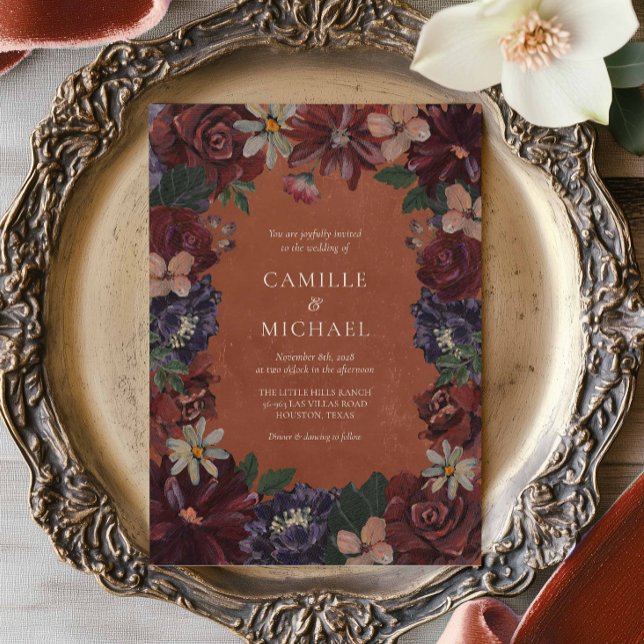 Terracotta Moody Floral Wedding Invitation (Terracotta Floral Fall Wedding Invitation)