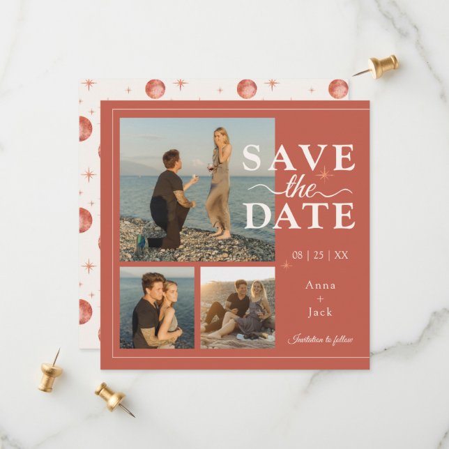 Terracotta Moon 3 Photo Save the Date Card (Front/Back In Situ)