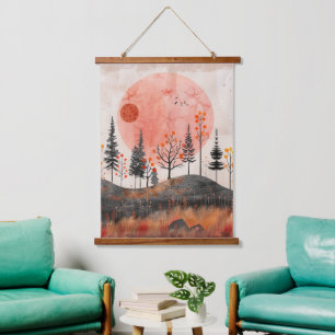 Terracotta Moon Copper Autumn Folk Forest Art Hanging Tapestry